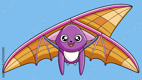 Cheerful cartoon bat in hang glider flying in the blue sky