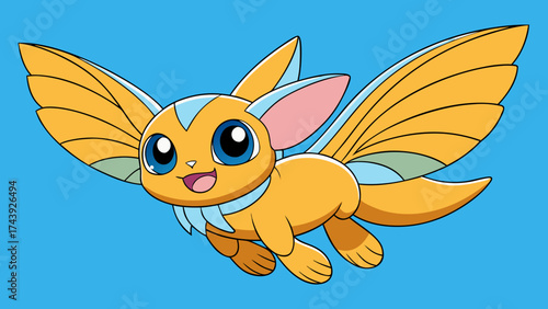 Cartoon Creature Flying With Wings on Blue Background