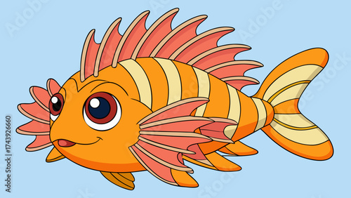 Cartoon Lionfish with Orange Striped Body on Light Blue Background