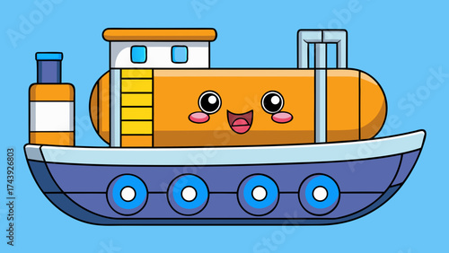 Cute smiling cartoon oil tanker with round wheels