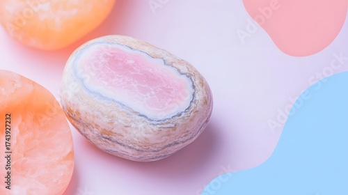 Close-up of healing crystals on pastel background with color accents, studio shot