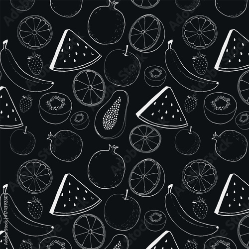 white line art fruits pattern on black background