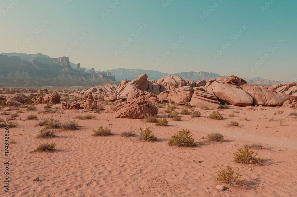 Naklejka premium Desert landscape featuring red rocks under a clear sky