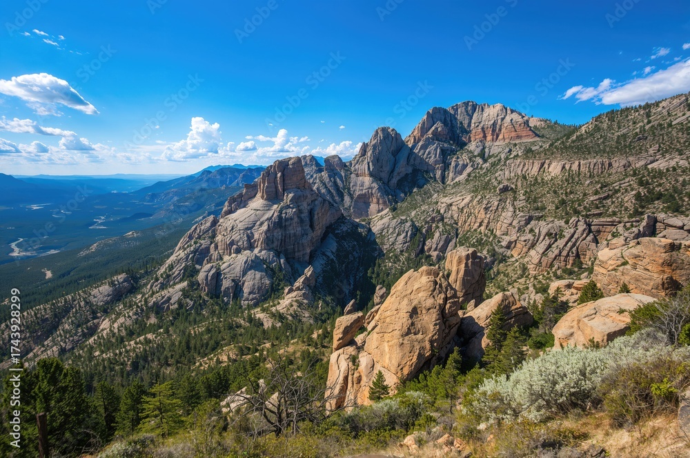 Fototapeta premium Wilderness landscape featuring rugged mountain peaks and natural scenery