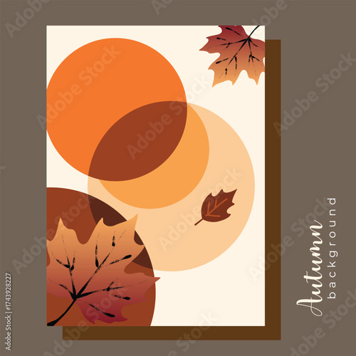 Minimal autumn background with overlapping orange circles and falling maple leaves, symbolizing fall season, nature, and warm earthy tones in abstract design.