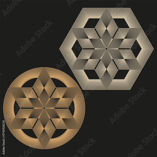 Geometric hexagon pattern. Brown wireframe shapes. Vector volumetric illustration. Modern technical design.
