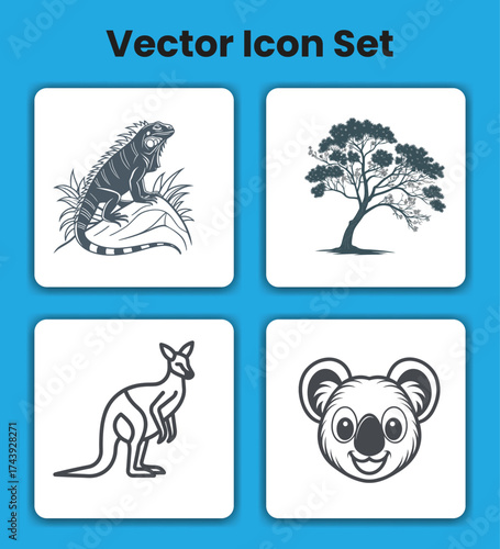 Vector art of vector icon set featuring an iguana, tree, kangaroo, and koala