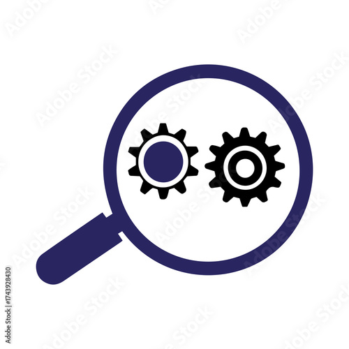 Magnifying glass examining interlocking gears symbolizing mechanical engineering research development and problem solving in technical industries vector