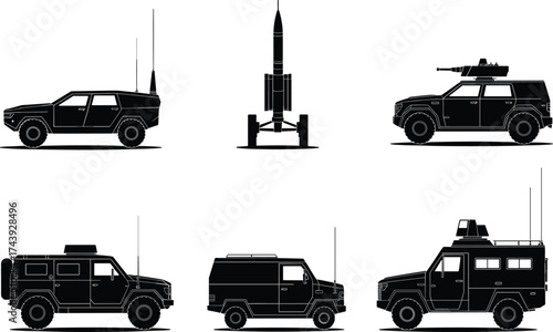 Military vehicle silhouettes including armored trucks, missile launcher, tactical SUVs, black and white vector set, war transport, defense illustration, modern combat transportation icons.