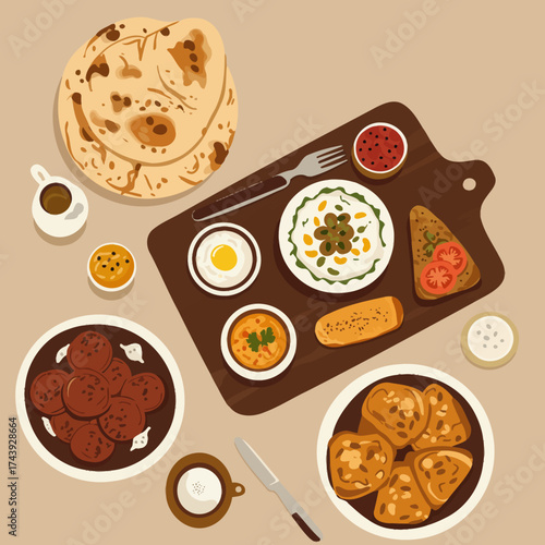 Stylized flat lay illustration of a traditional breakfast spread with flatbread and various dishes.