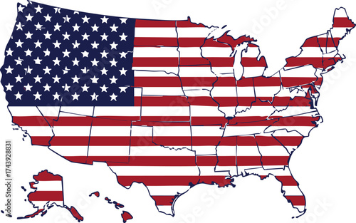 United States of America map with the American flag superimposed on the country's outline.