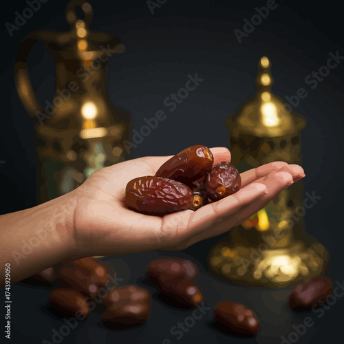 Handful of Ripe Dates with Traditional Arabic Coffee Pot and Lantern