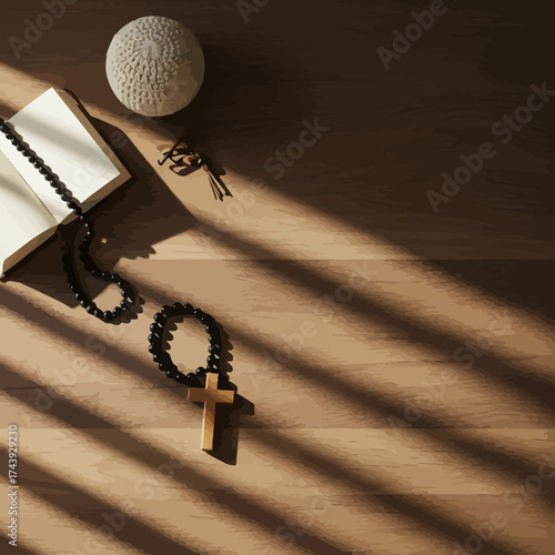 Open Holy Book with Wooden Rosary and Textured Sphere