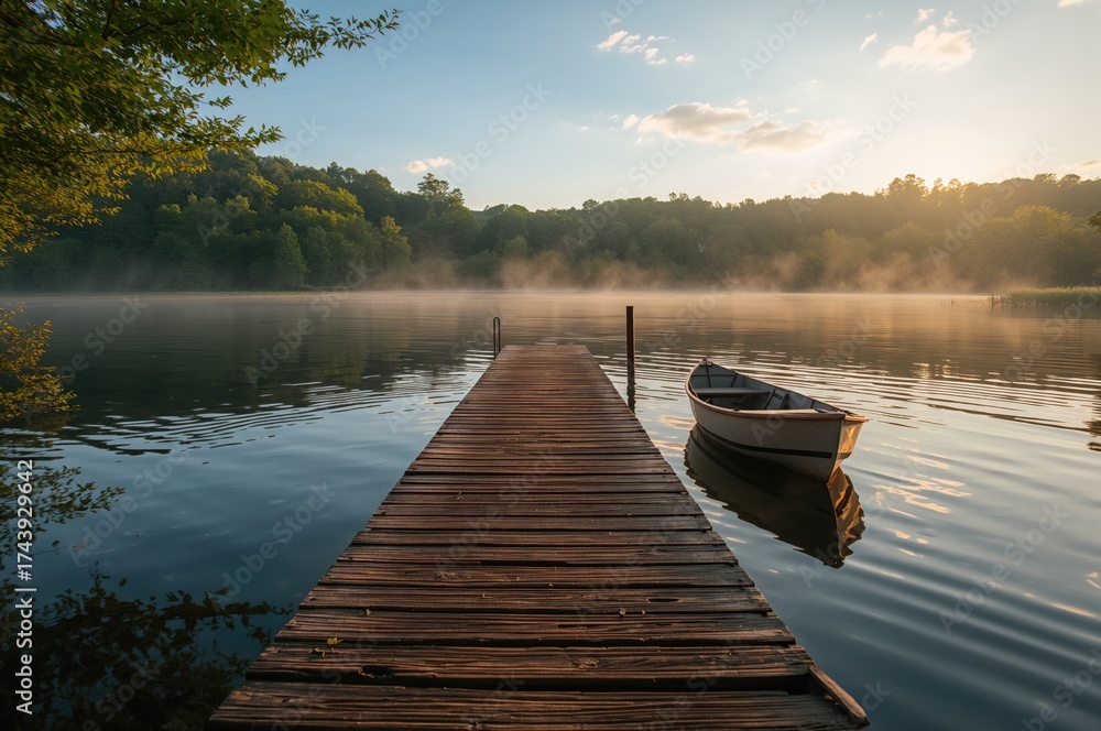 Obraz premium Sunrise over a tranquil lake with a dock and a small rowboat