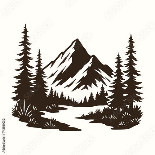 Detailed black and white engraving of a forest leading to tall snowy mountains in the distance.
