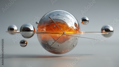 Abstract 3D Composition of Metallic Spheres and Glassy Sphere