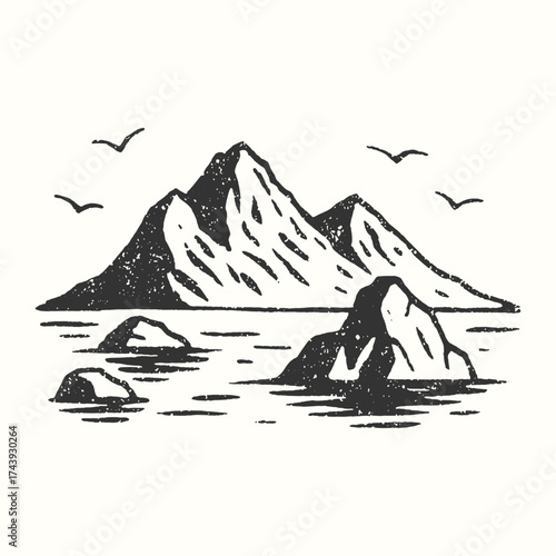 Engraved illustration of tall rocky mountains rising from the sea with birds flying above.