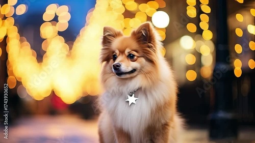 Charming pomeranian dog with a star-shaped collar, poses against a backdrop of glowing bokeh lights, showcasing the warmth and joy of a festive atmosphere in a vibrant scene
