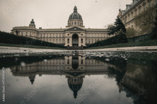 Wet pavement reflections captured in a vintage style during a rainy spring afternoon.