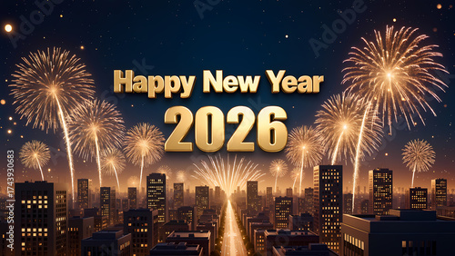 2026 Happy New Year greeting card. Banner with 2026 gold numbers with shining particles, glow light effect and glitter texture