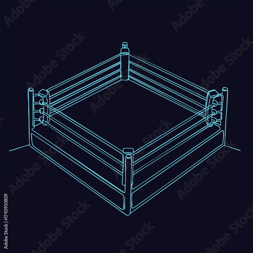 Digital wireframe of a boxing ring with detailed ropes and corner posts on a dark