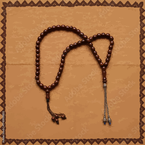 Traditional brown wooden Islamic prayer beads, a tasbih with an ornate silver metal tassel.