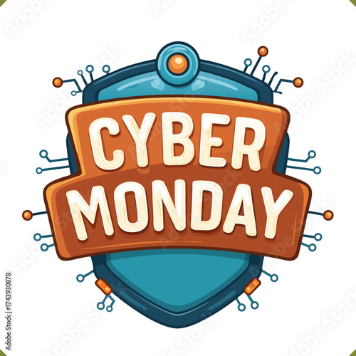 Vector illustration of Cyber Monday sale poster with digital circuit elements, isolated on a white background