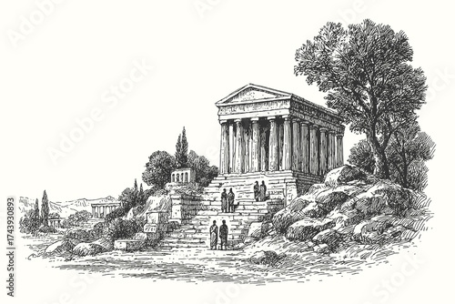 Ancient stone temple on a hill with stairs and trees, vintage engraving of historical ruins.