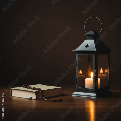 Illuminated Islamic Prayer Lantern and Holy Book with Rosary Beads