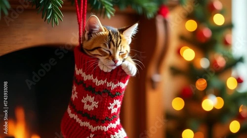 Adorable tabby cat peacefully nestled in a festive Christmas stocking, surrounded by twinkling lights and a cozy fireplace, capturing the warmth of holiday spirit and joy
