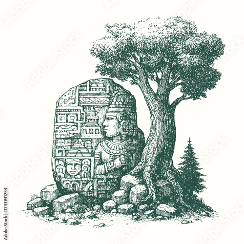 Large tree growing around ancient carved stone faces, symbolizing nature reclaiming history.
