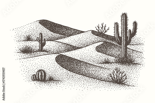 Rolling sand dunes with scattered cacti under the hot desert sun in classic stipple style.
