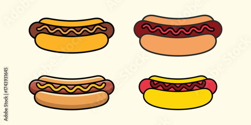 Four stylized hot dogs with different toppings on a light background sausage mustard