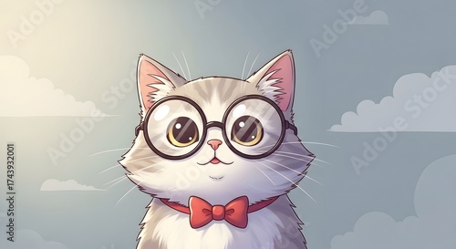 Cute cartoon cat with glasses and bow tie under sunny sky
