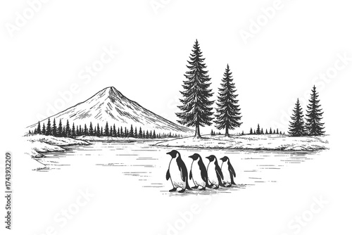 Group of penguins near snowy mountains and pine trees in minimal engraving style.