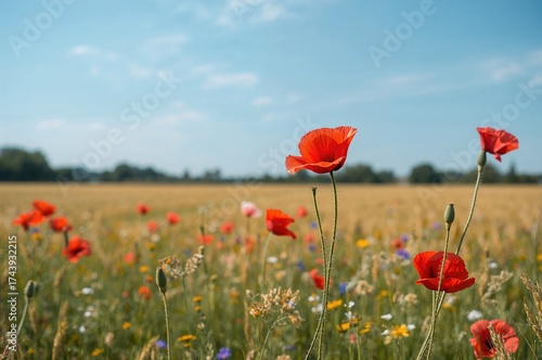 Bright red poppies blooming amidst golden wheat crops