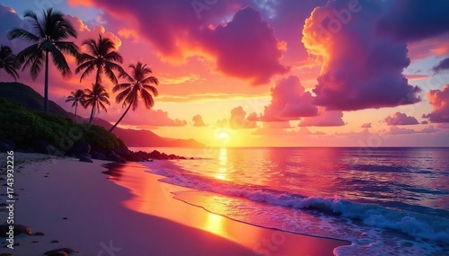 Breathtaking Hawaiian Sunset Fiery Oranges, Pinks, and Purples Paint the Calm Ocean, Creating a Perfect Tropical Escape for Travel and Holiday Themes.