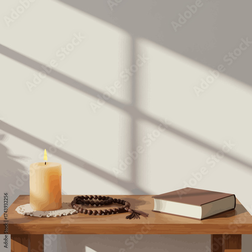 Lit Candle, Prayer Beads, and Book on Wooden Table