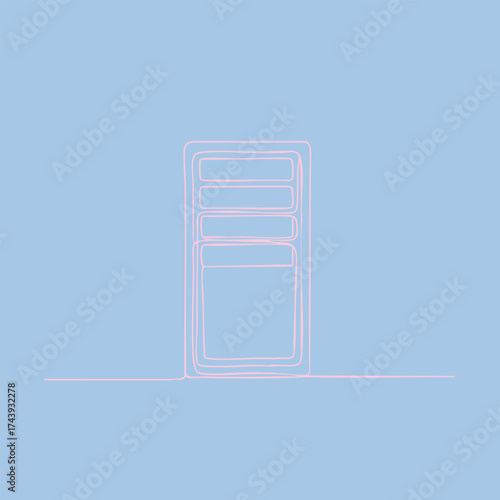 Minimalist neon outline of a modern refrigerator with multiple compartments on a pastel blue