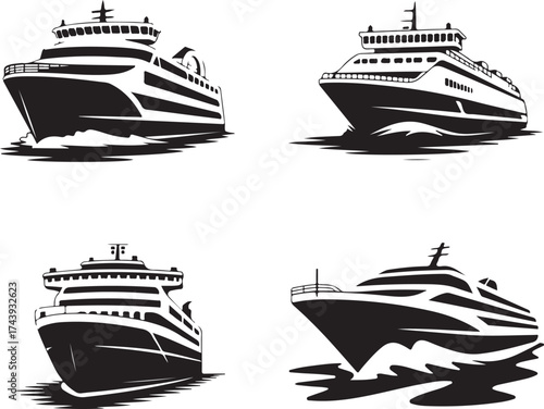 Ferryboat Icons Transportation Passenger Carrier Cruise Liner Ship Silhouette