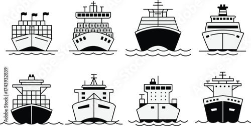 Ship front view vector set, cargo ships, cruise liners, container vessels illustration, marine transport icons, nautical fleet silhouettes, ocean shipping vessels, black and white.
