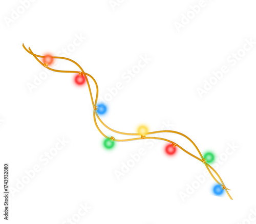 Christmas decorative lights string PNG, glowing colorful bulbs in red, green, blue, yellow on golden wire, festive design for holiday decoration, party celebration, New Year and Christmas theme