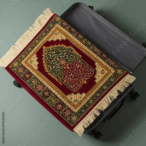 An ornate red and gold Islamic prayer rug with Arabic calligraphy and tassels, folded inside an open dark travel suitcase.