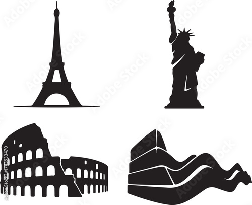 World Landmarks Silhouette Famous Travel Destinations Icons Black Backgrounds