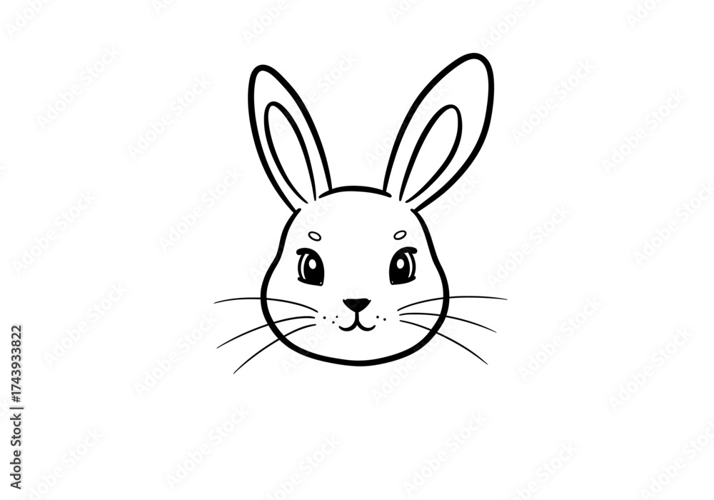 Fototapeta premium Adorable black outline cartoon rabbit head illustration with large ears shiny eyes tiny nose smiling mouth and long whiskers.