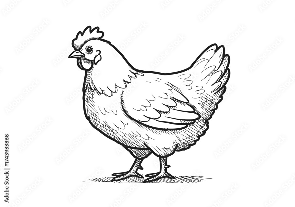 Naklejka premium Detailed Sketch of a Chicken with Shading and Defined Feathers.