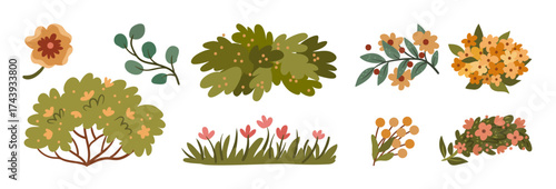 Forest or woods flora. Vector in flat style, isolated bushes and flowers in blossom with leaves and lush foliage. Park or garden landscaping, environmental care and outdoors natural beauty