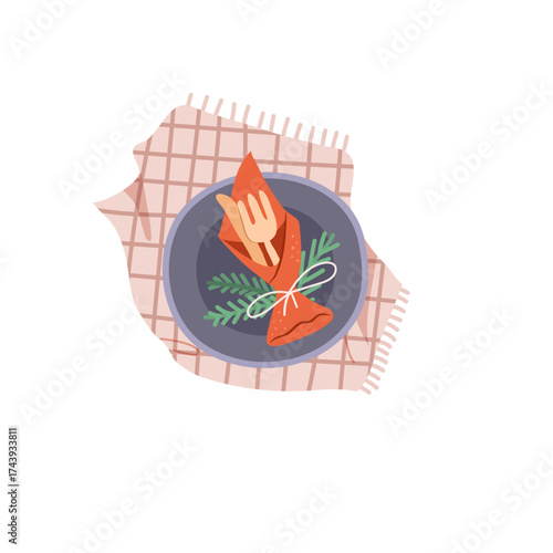 Serving Christmas table with spruce branch. Vector fork and knife wrapped in festive paper and tied with thread. Checkered tablecloth and bowl or plate with cutlery. Celebration, New Year dinner