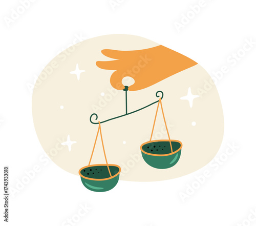 Astrology horoscope sign of scales and hands. Vector in flat style, astrological earth element symbol, isolated libra symbolism of justice. Greek mythology and predictions for people born in September