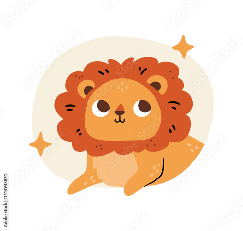 Leo astrology horoscope sign of cute animal. Vector in flat style, astrological earth element symbol, isolated animal character lion with stars glowing effect. Prognosis for people born in August